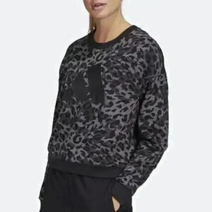 Adidas Women All Over Cheetah Print Pullover Crew. Size Large. Black.